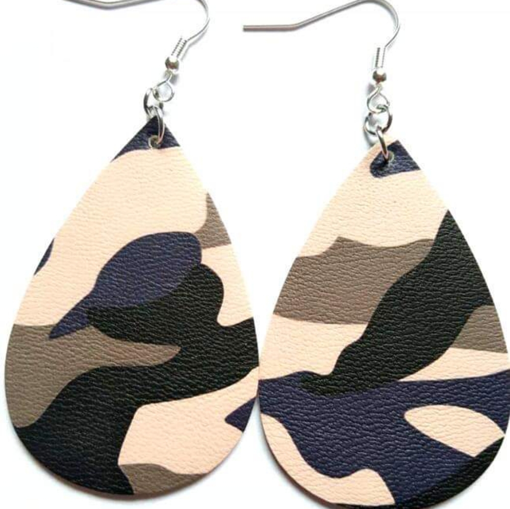 Caramel/Tan Camo Leather Teardrop Earrings
